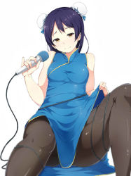 Rule 34 | 1girl, alp, black pantyhose, blue dress, blue hair, blush, bun cover, chinese clothes, commentary request, double bun, dress, entangled, hair between eyes, hair bun, holding, holding microphone, long hair, looking at viewer, love live!, love live! school idol festival, love live! school idol project, microphone, pantyhose, sitting, sleeveless, solo, sonoda umi