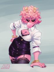 Rule 34 | 1girl, ashido mina, black bra, boku no hero academia, bra, breasts, highres, lace, lace bra, large breasts, open clothes, open shirt, solo, syb, tagme, underwear