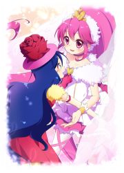 Rule 34 | 10s, 2girls, aino megumi, blue eyes, blue hair, brooch, choker, cure lovely, flower, happinesscharge precure!, hat, heart, heart brooch, imminent hug, jewelry, kuune rin, long hair, magical girl, multiple girls, pantyhose, pink eyes, pink hair, pink skirt, ponytail, precure, red flower, red rose, rose, skirt, smile, super happiness lovely, tiara, tsumugi (happinesscharge precure!), white legwear, wide ponytail, wings, wrist cuffs