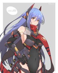 Rule 34 | 1girl, armpits, artist name, black leotard, blue hair, breasts, character name, covered navel, gloves, grey background, headpiece, highres, large breasts, leotard, long hair, looking at viewer, mochimochi (xseynao), nintendo, orange eyes, poppi (xenoblade), poppi qtpi (xenoblade), red scarf, scarf, sideboob, smile, solo, spoilers, upper body, xenoblade chronicles (series), xenoblade chronicles 2