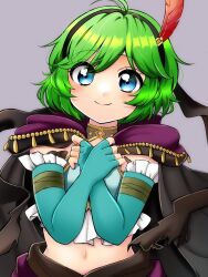 Rule 34 | 1girl, black cape, black hairband, blue eyes, blue gloves, cape, elbow gloves, feather hair ornament, feathers, fingerless gloves, fire emblem, fire emblem: the blazing blade, fire emblem heroes, gau fe, gloves, green hair, hair ornament, hairband, highres, looking at viewer, midriff, navel, nino (fang&#039;s heart) (fire emblem), nino (fire emblem), nintendo, short hair, smile, solo, upper body