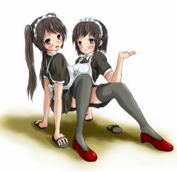 Rule 34 | 2girls, artist request, conjoined, crawling, female focus, ftt, looking at viewer, maid, multiple girls, original, sandals, siblings, sisters, thighhighs, twins, walking