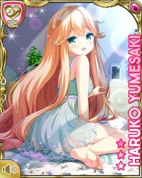 Rule 34 | 1girl, :d, alternate hairstyle, barefoot, bed, blonde hair, bow, card (medium), character name, day, dress, frilled dress, frills, girlfriend (kari), green bow, green dress, green eyes, indoors, long hair, looking back, official art, on bed, open mouth, qp:flapper, sitting, sleepwear, smile, tagme, yumesaki haruko