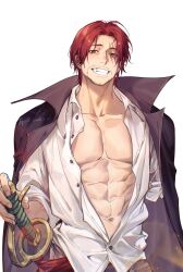 Rule 34 | 1boy, abs, black jacket, clenched teeth, collared shirt, dated, facial hair, grin, highres, jacket, jacket on shoulders, looking at viewer, male focus, missing limb, navel, one piece, open clothes, open jacket, pectoral cleavage, pectorals, red eyes, red hair, scar, scar across eye, shanks (one piece), shirt, simple background, smile, solo, stubble, sword, teeth, toned, toned male, unbuttoned, unbuttoned shirt, upper body, weapon, white background, white shirt, xuchuan