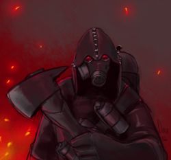 Rule 34 | androgynous, axe, gas mask, gender request, gradient background, hood, hoodie, lowres, mask, pyro (tf2), solo, team fortress 2, upper body, weapon