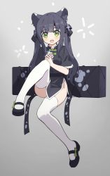 Rule 34 | 1girl, animal ear fluff, animal ears, black dress, black footwear, black hair, blue archive, blunt bangs, china dress, chinese clothes, chunrijun (springer), dress, full body, green eyes, grey background, highres, knee up, legs, long hair, looking at viewer, mary janes, open mouth, own hands together, shoes, short sleeves, shun (blue archive), shun (small) (blue archive), simple background, sitting, smile, solo, thighhighs, thighs, tiger ears, tiger girl, twintails, weapon case, white thighhighs