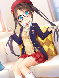 Rule 34 | 1girl, badge, beret, black-framed eyewear, black hair, blazer, blue eyes, blue jacket, blush, bow choker, button badge, cellphone, choker, clothes writing, collared shirt, couch, cushion, earbuds, earphones, glasses, hachinatsu, hat, hat ornament, highres, holding, holding earphones, holding phone, idolmaster, idolmaster shiny colors, indoors, jacket, kneehighs, long hair, long sleeves, looking at viewer, miniskirt, mitsumine yuika, parted bangs, phone, pleated skirt, red choker, red hat, red skirt, school uniform, shirt, sidelocks, single earphone removed, sitting, skirt, smartphone, smile, socks, solo, sweater, twintails, white socks, yellow sweater
