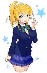 Rule 34 | 1girl, ayase eli, bad id, bad twitter id, blazer, blonde hair, blue eyes, blush, bow, bowtie, breasts, commentary request, dress shirt, green bow, green bowtie, hair between eyes, hand up, hatagaya, jacket, long hair, long sleeves, looking at viewer, love live!, love live! school idol project, medium breasts, open mouth, otonokizaka school uniform, pleated skirt, ponytail, school uniform, shirt, signature, simple background, skirt, skirt hold, smile, solo, standing, star (symbol), striped bow, striped bowtie, striped clothes, striped neckwear, white background
