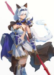 Rule 34 | 1girl, animal ears, boots, braid, breasts, brown eyes, brown skirt, closed mouth, dress, floating hair, granblue fantasy, hair between eyes, hairband, heles, holding, holding polearm, holding spear, holding weapon, knee boots, large breasts, long hair, polearm, simple background, single braid, skirt, solo, spear, standing, very long hair, wasabi60, weapon, white background, white dress, white hair
