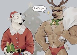 Rule 34 | 2boys, abs, antlers, bara, bear boy, briefs, bulge, carrying over shoulder, chest tuft, christmas, cowboy shot, deer boy, deer tail, english text, furry, furry male, gift bag, hat, highres, horns, k0bit0wani, large pectorals, looking at another, male focus, male underwear, multiple boys, muscular, muscular male, navel, navel hair, nipples, original, pectorals, reindeer antlers, reindeer boy, santa costume, santa hat, short hair, stomach, sweatdrop, tail, tail wagging, underwear, underwear only