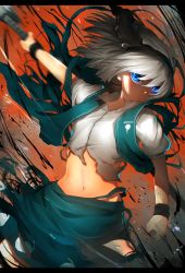 Rule 34 | 1girl, absurdres, axe, black hairband, blue eyes, closed mouth, cowboy shot, floating hair, green skirt, green vest, hair ornament, hairband, highres, holding, holding axe, konpaku youmu, letterboxed, looking at viewer, medium hair, navel, niwarhythm, orange background, puffy short sleeves, puffy sleeves, shirt, short sleeves, skirt, solo, standing, torn clothes, torn shirt, touhou, vest, white hair, white shirt
