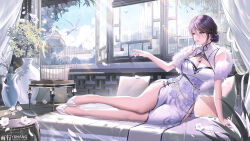 Rule 34 | 1girl, arm support, bare shoulders, bird, birdcage, black hair, blue eyes, breasts, cage, china dress, chinese clothes, cleavage, cloud, cloudy sky, couch, dress, expressionless, fingernails, floral print, flower, fur shawl, hair bun, highres, indoors, large breasts, legs, long fingernails, on couch, open window, original, pelvic curtain, pillow, plant, potted plant, shawl, side slit, sky, sleeveless, solo, sunlight, white bird, white dress, white flower, window, yuxing yuhang