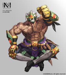 Rule 34 | 1boy, abs, ame-no-tadikarao (n-innocence), armband, armor, bara, belt, biceps, clenched hand, closed eyes, dai-xt, dark skin, dirt, dirty, dirty clothes, gauntlets, grey background, hand on own knee, happy, helmet, highres, injury, knee pads, large pectorals, logo, loincloth, male focus, manly, mature male, muscular, muscular male, n-innocence, nipples, orange eyes, pants, pectorals, scar, simple background, sitting, socks, solo, thick arms, thick eyebrows, thick thighs, thighs, veins, white hair