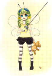 Rule 34 | 1girl, antennae, arthropod girl, bloomers, blue eyes, frills, gloves, green hair, hair ornament, insect wings, juju (mayamaya), monster girl, open mouth, original, pantyhose, pantyhose under shorts, patterned legwear, pointy ears, rapier, ringlets, short shorts, shorts, simple background, solo, striped clothes, striped pantyhose, stuffed animal, stuffed toy, sword, teddy bear, two-tone stripes, underwear, weapon, wings
