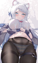 Rule 34 | 1girl, absurdres, animal ear fluff, animal ears, aqua eyes, black gloves, black pantyhose, blue bow, blue skirt, blush, bow, breasts, cameltoe, commentary request, cowboy shot, detached sleeves, fingerless gloves, fox ears, fox girl, frills, from below, gloves, gluteal fold, hair bow, hair ornament, highres, konagi (konotuki), large breasts, lifted by self, long hair, looking at viewer, navel, one side up, original, panties, pantyhose, pleated skirt, see-through, shirt, skirt, solo, striped clothes, striped panties, thigh strap, underwear, very long hair, wet, wet clothes, white hair, white shirt, wringing clothes, wringing skirt, x hair ornament