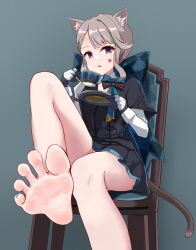 Rule 34 | 1girl, absurdres, animal ear fluff, animal ears, bare legs, barefoot, cat ears, cat girl, cat tail, chair, cup, feet, foot focus, foot up, genshin impact, highres, holding, holding cup, iberiko (soinesitai), light brown hair, long hair, looking at viewer, lynette (genshin impact), nail polish, parted lips, purple eyes, sitting, skirt, soles, tail, teacup, toenail polish, toenails, toes