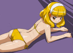 Rule 34 | 10s, 1girl, arm support, ass, ball, bikini, blonde hair, blush, cowboy shot, from above, gluteal fold, hairband, kise yayoi, looking at viewer, looking up, lying, on stomach, precure, purple background, rohitsuka, short hair, side-tie bikini bottom, simple background, sketch, smile, smile precure!, solo, swimsuit, white background, white hairband, yellow bikini, yellow eyes
