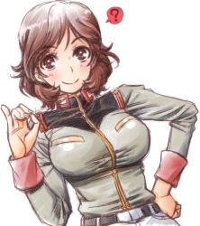 Rule 34 | 1girl, amania orz, breasts, closed mouth, gundam, gundam unicorn, large breasts, looking at viewer, mihiro oiwakken, military, military uniform, short hair, simple background, smile, solo, uniform, white background