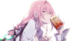 1girl absurdres akitsugu_akiyama blush drinking earrings fingernails hair_between_eyes highres jewelry long_hair looking_at_viewer pink_eyes pink_hair ring_hair_ornament shirt sidelocks simple_background solo tsukishiro_yanagi upper_body white_background white_shirt zenless_zone_zero