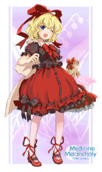 Rule 34 | 1girl, blonde hair, blue eyes, bow, bowtie, brown bow, brown ribbon, brown shirt, bubble skirt, character name, closed eyes, collar, copyright name, doll, dress, female focus, floral background, flower, frilled shirt collar, frills, full body, hair bow, hair ribbon, high heels, lily of the valley, medicine melancholy, nanami sano, one eye closed, open mouth, puffy short sleeves, puffy sleeves, purple background, red bow, red bowtie, red footwear, red ribbon, red skirt, ribbon, ribbon-trimmed clothes, ribbon-trimmed skirt, ribbon trim, sash, shirt, shoes, short hair, short sleeves, skirt, skirt set, solo, standing, su-san, touhou, white bow, white collar, wings, wink