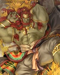 Rule 34 | 1boy, abs, artist name, bara, brown pants, bulge, colored skin, commentary, english commentary, ganondorf, green skin, highres, jewelry, looking at viewer, lying, male focus, muscular, muscular male, necklace, nintendo, nipples, on back, on grass, on ground, paid reward available, pants, patreon username, pectorals, red hair, smile, the legend of zelda, the legend of zelda: tears of the kingdom, tim (shockjaws), topless male, yellow eyes