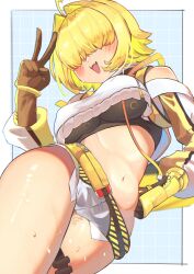 Rule 34 | 1girl, :d, absurdres, ahoge, black gloves, black sports bra, blonde hair, blush, breasts, clothing cutout, crop top, crop top overhang, cropped sweater, elegg (nikke), exposed pocket, gloves, goddess of victory: nikke, grey shorts, hair intakes, hair over eyes, highres, large breasts, long bangs, long sleeves, micro shorts, multicolored clothes, multicolored gloves, multicolored hair, navel, open mouth, osnmykk, short hair, shorts, shoulder cutout, smile, solo, sports bra, suspender shorts, suspenders, sweat, thigh strap, thighs, two-tone hair, v, yellow gloves