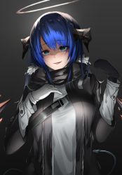 Rule 34 | 1girl, arknights, asymmetrical gloves, black background, black gloves, black jacket, blue eyes, blue hair, breasts, buckle, commentary request, demon horns, detached wings, eyelashes, fur-trimmed jacket, fur trim, gloves, hair between eyes, halo, hand on own chest, hand up, highres, horns, jacket, kureneko, long hair, long sleeves, looking at viewer, medium breasts, mismatched gloves, mostima (arknights), shaded face, shirt, smile, snap-fit buckle, solo, upper body, white gloves, white shirt, wings, yandere