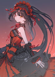 Rule 34 | 1girl, absurdres, bare shoulders, black hair, breasts, cleavage, clock eyes, collar, date a live, detached sleeves, dress, gothic lolita, hairband, heterochromia, highres, lolita fashion, lolita hairband, long hair, looking at viewer, medium breasts, red eyes, ribbon, sao7, smile, solo, symbol-shaped pupils, thighhighs, tokisaki kurumi, twintails, uneven twintails, yellow eyes