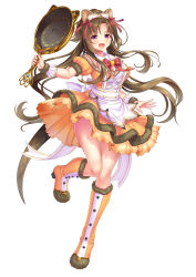 Rule 34 | 1girl, animal ears, apron, blush, boots, brown hair, dress, frills, frying pan, full body, holding, knee boots, long hair, maid headdress, open mouth, orange dress, orange footwear, original, otosume ruiko, puffy sleeves, purple eyes, red ribbon, ribbon, short sleeves, simple background, smile, solo, standing, standing on one leg, thighs, very long hair, white apron, white background