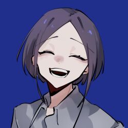 Rule 34 | 1boy, ^ ^, akahito (akaironotanin), black hair, blue background, closed eyes, highres, open mouth, original, portrait, shirt, simple background, smile, solo, teeth, white shirt