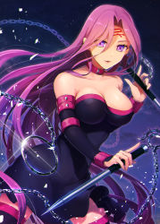 Rule 34 | 1girl, bare shoulders, black thighhighs, bouncing breasts, breasts, cleavage, cocorosso, collar, detached sleeves, dress, fate/stay night, fate (series), highres, holding, holding weapon, large breasts, long hair, looking at viewer, medusa (fate), medusa (rider) (fate), nameless dagger (fate), parted lips, purple eyes, purple hair, solo, thighhighs, weapon