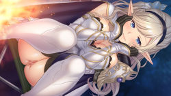 Rule 34 | 1girl, armor, blonde hair, blue eyes, blush, boots, breasts, censored, cleavage, dutch angle, elbow gloves, elf no oyome-san ~harem kon suishou~, game cg, gloves, hairband, head rest, knees together feet apart, large breasts, long hair, long pointy ears, mochizuki nozomu, mosaic censoring, no panties, official art, pauldrons, photoshop (medium), pointy ears, pussy, shoulder armor, sideways, simple background, single pauldron, skindentation, smile, solo, swept bangs, thigh boots, thighhighs