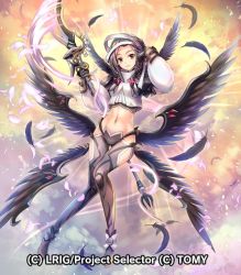 Rule 34 | 1girl, black feathers, black wings, breasts, brown eyes, character cutout, crop top, feathered wings, feathers, full body, gloves, grey gloves, grey hair, grey pants, head tilt, hokuyuu, holding, holding polearm, holding weapon, long hair, looking at viewer, low wings, medium breasts, midriff, navel, pants, parted lips, polearm, solo, stomach, weapon, wings
