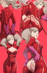 Rule 34 | 1girl, absurdres, anus, ass, barefoot, blonde hair, blue eyes, breasts, catsuit, cleavage, cleft of venus, feet, highres, kawery, large breasts, light smile, long hair, looking at viewer, medium breasts, no panties, parted lips, persona, persona 5, pussy, soles, takamaki anne, toes, twintails, whip