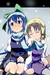 Rule 34 | 2girls, bad id, bad pixiv id, blonde hair, blue eyes, blue hair, blush, cirno, closed eyes, hat, head on another&#039;s shoulder, ice, ice wings, moriya suwako, multiple girls, pantyhose, scarf, shared clothes, shared scarf, simple background, snow, touhou, wings, yuuichi (reductionblack)