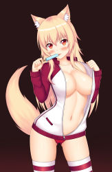 Rule 34 | 1girl, animal ear fluff, animal ears, bad id, bad pixiv id, blonde hair, blush, borrowed clothes, breasts, collarbone, cowboy shot, eating, food, fox ears, fox girl, fox tail, gluteal fold, highres, jacket, keshigomu, large breasts, licking, long hair, looking at viewer, navel, no bra, open clothes, open jacket, original, panties, popsicle, red eyes, red panties, solo, striped clothes, striped thighhighs, tail, thighhighs, tiffy (nottytiffy), tongue, tongue out, track jacket, underwear, unzipped