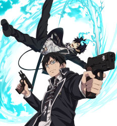 Rule 34 | &gt;:(, &gt;:d, 2boys, :d, aiming, ao no exorcist, belt, belt buckle, black-framed eyewear, black footwear, black hair, black jacket, black pants, blue eyes, blue fire, brothers, buckle, closed mouth, collared jacket, collared shirt, diagonal-striped clothes, diagonal-striped necktie, dual wielding, fire, flaming sword, flaming weapon, foreshortening, frown, glasses, gun, handgun, highres, holding, holding gun, holding sword, holding weapon, jacket, katana, legs apart, looking at viewer, male focus, midair, mole, mole under eye, mole under mouth, multiple boys, necktie, nyoro (nyoronyoro000), okumura rin, okumura yukio, open clothes, open jacket, open mouth, outstretched arm, pants, pistol, pointy ears, serious, shirt, shoes, siblings, simple background, smile, striped clothes, striped necktie, striped neckwear, sword, unsheathed, upper body, v-shaped eyebrows, weapon, weapon request, white background, white shirt, wing collar