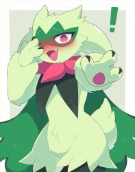 Rule 34 | !, @ @, absurdres, blush, border, cape, covering face, creatures (company), embarrassed, fang, fewer digits, furry, game freak, green fur, highres, looking at viewer, meowscarada, nintendo, nose blush, one eye closed, open mouth, outside border, outstretched arm, pokemon, pokemon (creature), subaru331, white border