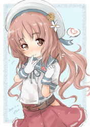 Rule 34 | 1girl, blue sailor collar, brown eyes, brown hair, commentary request, cowboy shot, fish, flower, food, frills, fyuo, gloves, goldfish, hair flower, hair ornament, hat, heart, highres, hip vent, kantai collection, long hair, looking at viewer, pleated skirt, pocky, puffy short sleeves, puffy sleeves, red skirt, sailor collar, sailor hat, sailor shirt, shirt, short sleeves, skirt, smile, solo, spoken heart, undershirt, wavy hair, white gloves, white hat, white shirt, yashiro (kancolle)