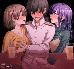 Rule 34 | 1boy, 2girls, admiral (kancolle), artist name, black hair, blue eyes, blue hair, blush, breasts, brown eyes, brown hair, bulge, buttons, collarbone, cup, drunk, erection, erection under clothes, grabbing, grabbing another&#039;s breast, green shirt, highres, hiryuu (kancolle), kantai collection, large breasts, long hair, long sleeves, m.a.o, military uniform, multiple girls, naval uniform, official alternate costume, open mouth, shirt, short hair, signature, smile, souryuu (kancolle), uniform, yellow shirt