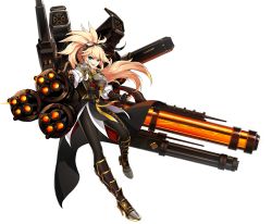 Rule 34 | 1girl, :d, armor, artist request, black footwear, black gloves, black pantyhose, blonde hair, blue eyes, boots, elsword, fingerless gloves, full body, gloves, goggles, goggles on head, gun, highres, knee boots, long hair, looking at viewer, machine gun, messy hair, official art, open mouth, pantyhose, rose (elsword), shirt, smile, solo, storm trooper (elsword), weapon