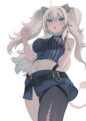 1girl :o absurdres ahoge animal_ear_piercing animal_ears arm_behind_back belt blush breasts ear_piercing grey_eyes grey_hair hand_up highres hololive kumomo large_breasts lion_ears lion_girl lion_tail long_hair looking_at_viewer miniskirt open_mouth pantyhose piercing shirt shishiro_botan shishiro_botan_(1st_costume) simple_background single_leg_pantyhose skirt solo tail thighs torn_clothes torn_pantyhose two_side_up virtual_youtuber white_background zipper_skirt