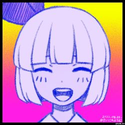 Rule 34 | 1girl, black border, blunt bangs, border, closed eyes, commentary request, dated, facing viewer, gradient background, happy, highres, hoshii 1213, konpaku youmu, multicolored background, omori, open mouth, orange background, parody, pink background, portrait, short hair, smile, solo, straight-on, teeth, touhou, twitter username, upper teeth only, watermark, yellow background