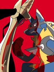 Rule 34 | aegislash, animal ears, apios, bad id, bad pixiv id, clenched hand, clenched teeth, cowboy shot, creatures (company), eye contact, face-to-face, furry, game freak, gen 4 pokemon, gen 6 pokemon, hand up, looking at another, lucario, mega lucario, mega pokemon, nintendo, pokemon, pokemon (creature), pokemon xy, red background, red eyes, simple background, sketch, slit pupils, snout, spikes, sword, sword hilt, teeth, weapon