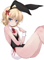 Rule 34 | 10s, 1girl, animal ears, bare legs, black leotard, blonde hair, blue eyes, bow, bowtie, braid, breasts, cleavage, commentary request, darjeeling (girls und panzer), detached collar, fake animal ears, girls und panzer, hair bow, leotard, playboy bunny, pointing, pointing at self, rabbit ears, rabbit tail, short hair, sitting, small breasts, smile, solo, strapless, strapless leotard, tail, white background, wrist cuffs, yumesato makura
