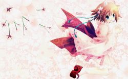 Rule 34 | 1girl, :d, animal ears, blue eyes, blush, cat ears, cherry blossoms, fang, floral print, from side, highres, japanese clothes, kimono, looking at viewer, looking to the side, open mouth, pink theme, sakurazawa izumi, sash, smile, socks, solo, tareme, wallpaper