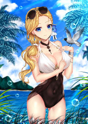 Rule 34 | 1girl, adjusting clothes, adjusting swimsuit, animal, artist name, azur lane, bird, black choker, black one-piece swimsuit, blonde hair, blue eyes, blue flower, blurry, blurry background, bracelet, breasts, bubble, casual one-piece swimsuit, choker, cleavage, closed mouth, collarbone, covered erect nipples, covered navel, cowboy shot, depth of field, earrings, eyewear on head, flower, grass, hair flower, hair ornament, hair over shoulder, hair tie, halterneck, hibiscus, highres, hood (azur lane), jewelry, large breasts, long hair, looking at viewer, o-ring, o-ring swimsuit, ocean, one-piece swimsuit, palm tree, sarong, see-through, shiny skin, signature, smile, solo, standing, sunglasses, swimsuit, thigh strap, thighs, tree, veins, veiny breasts, white one-piece swimsuit, whitepoplartree