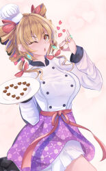 Rule 34 | 1girl, apron, bow, breasts, candy, chef, chocolate, chocolate heart, drill hair, earrings, food, hair bow, heart, holding, holding plate, jewelry, large breasts, light brown eyes, light brown hair, looking at viewer, mini chef hat, multiple hair bows, multiple rings, niradama (nira2ratama), one eye closed, open mouth, plate, red bow, ring, touhou, twin drills, valentine, waist apron, waist bow, white background, white uniform, yorigami jo&#039;on