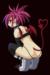 Rule 34 | 1girl, ass, backless panties, bat wings, butt crack, demon tail, disgaea, earrings, etna (disgaea), heart, heart tail, jewelry, lowleg, lowleg panties, panties, purple hair, red eyes, simple background, solo, squatting, tail, thighhighs, thong, ultraspank, underwear, v-string, wings