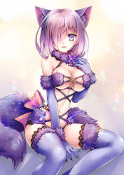 Rule 34 | 1girl, animal ears, bare shoulders, between legs, blue thighhighs, blush, bow, breasts, claws, cleavage, costume, elbow gloves, fate/grand order, fate (series), fur collar, fur trim, glint, gloves, hair between eyes, halloween costume, hand between legs, light purple hair, looking at viewer, mash kyrielight, mash kyrielight (dangerous beast), medium breasts, navel, o-ring, o-ring top, official alternate costume, parted lips, pink bow, plastic moon, purple eyes, sitting, solo, sparkle, striped, striped bow, tail, thighhighs, twitter username, wolf ears, wolf tail